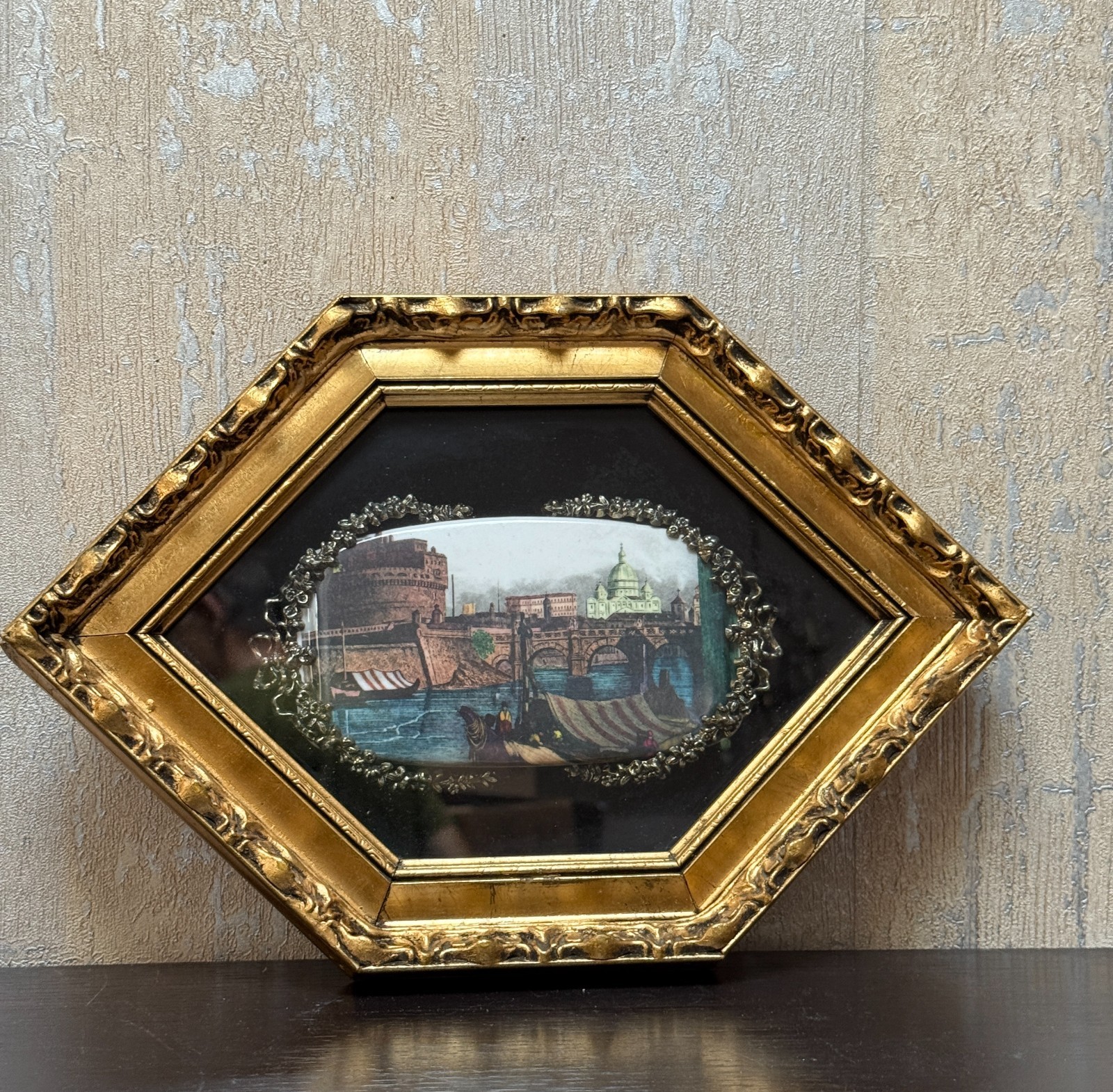 Vintage Italian Ornate Gold Hexagonal Frame Miniature Painting Rome Tiber Scene Vintage Italian Ornate Gold Hexagonal Frame Miniature Painting Rome Tiber Scene