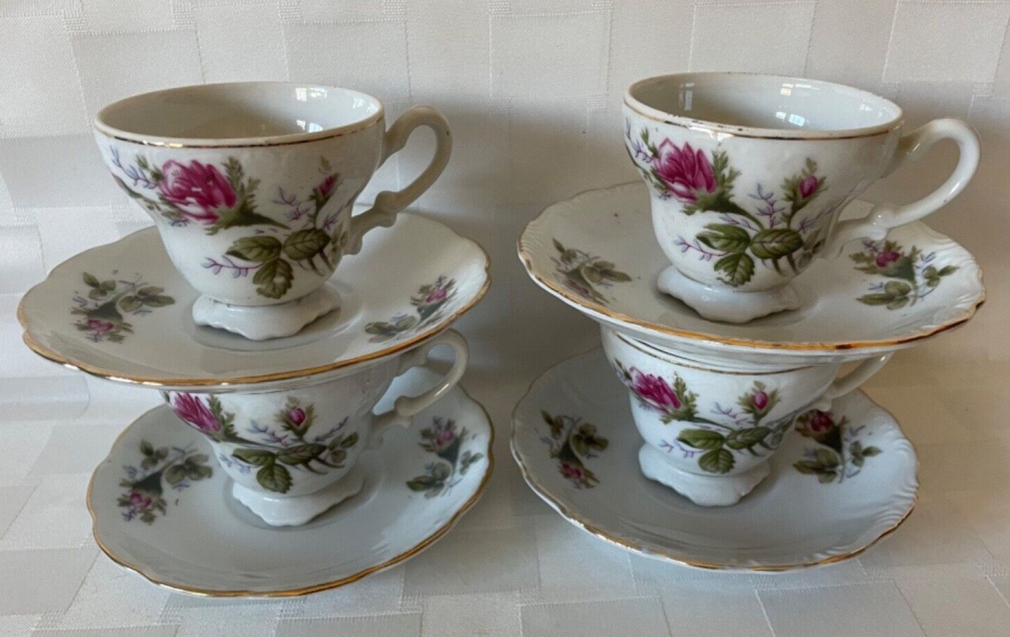 Vintage MID CENTURY ~ Set of 4 ~Demitasse MOSS ROSE Footed Tea Cup & Saucer