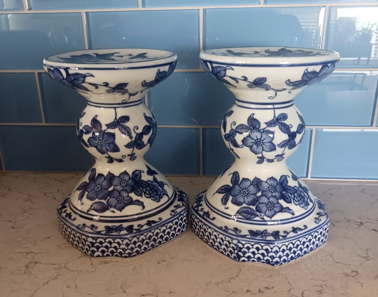 Vintage Blue and White Chinoiserie Candle Holders Temple-Style Set of 2 China Vintage Blue and White Chinoiserie Candle Holders Temple-Style Set of 2 China
