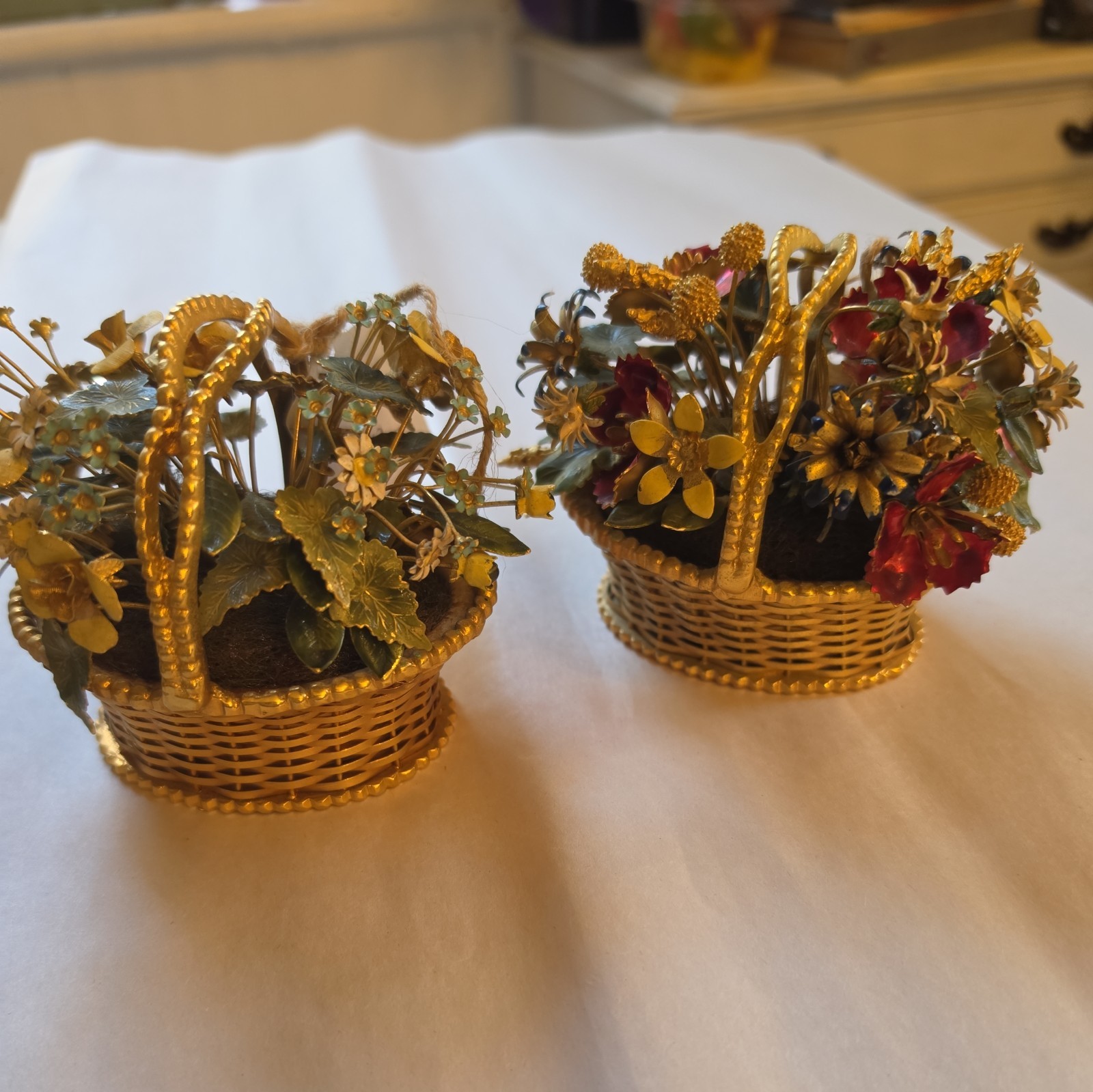 Vtg JANE HUTCHESON for GORHAM Miniature Metal Flower Baskets GOLD GILT & ENAMEL Vtg JANE HUTCHESON for GORHAM Miniature Metal Flower Baskets GOLD GILT & ENAMEL