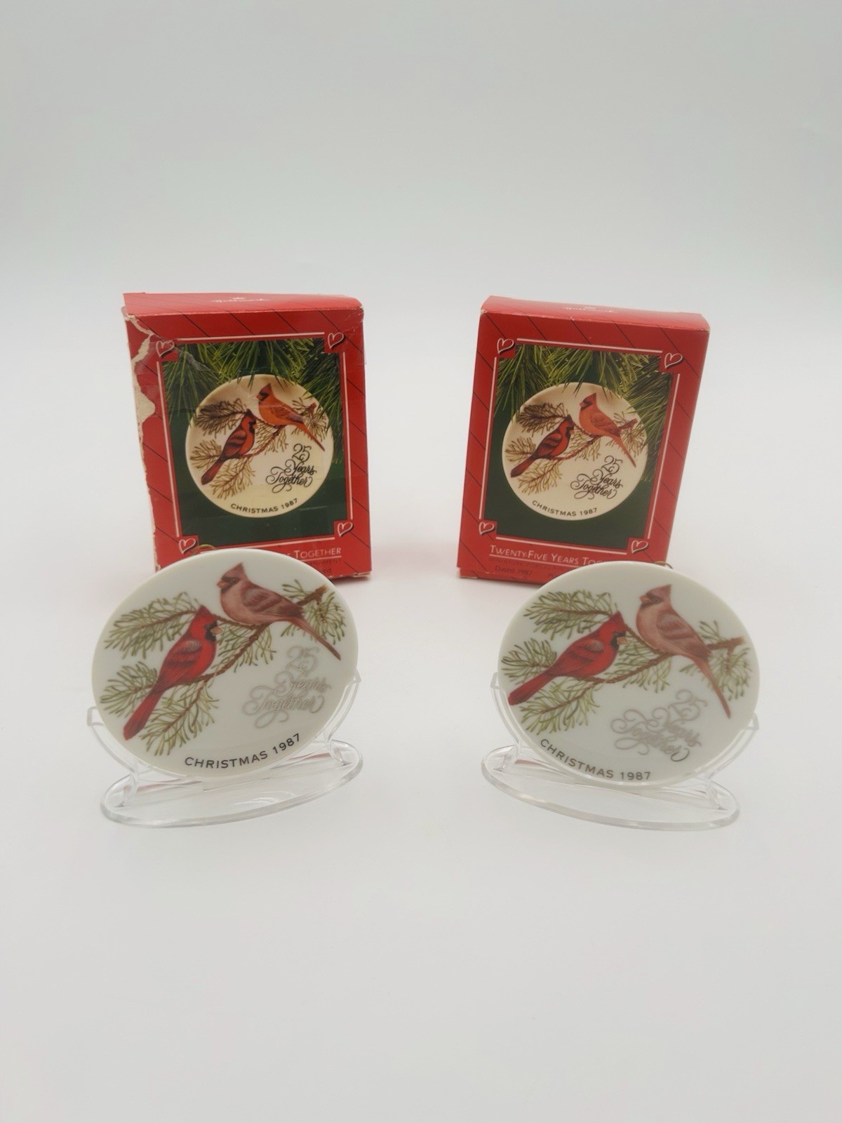 VTG Hallmark ornament Cardinal 25 Years Christmas Together 1987 Mini Plates 2X VTG Hallmark ornament Cardinal 25 Years Christmas Together 1987 Mini Plates 2X