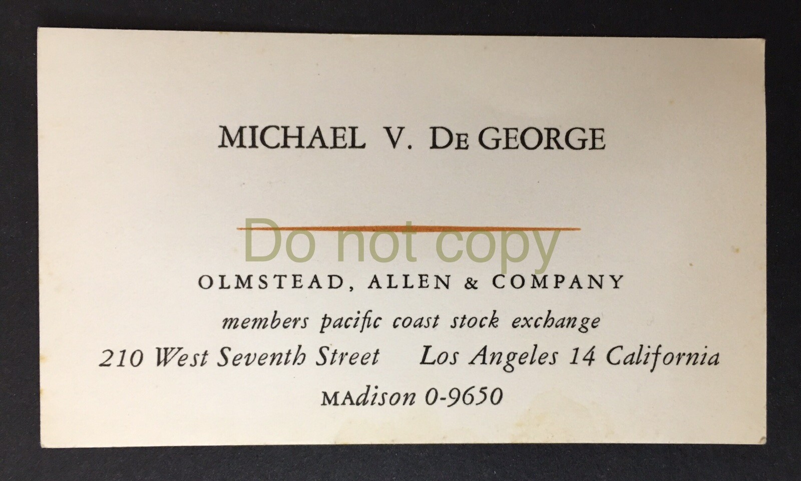 Pacific Coast Stock Exchange Los Angeles California Vtg Business Card De George
