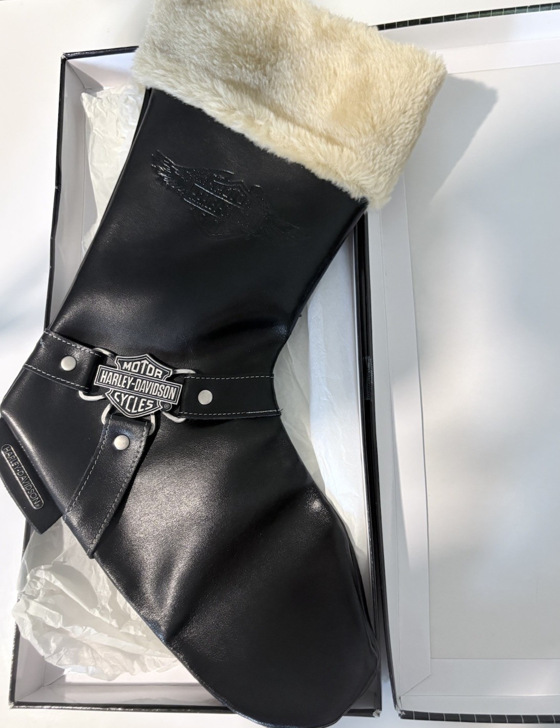 Harley Davidson Christmas Stocking Faux Leather & Fur Boot 1997 Cavanagh w/ Box Harley Davidson Christmas Stocking Faux Leather & Fur Boot 1997 Cavanagh w/ Box