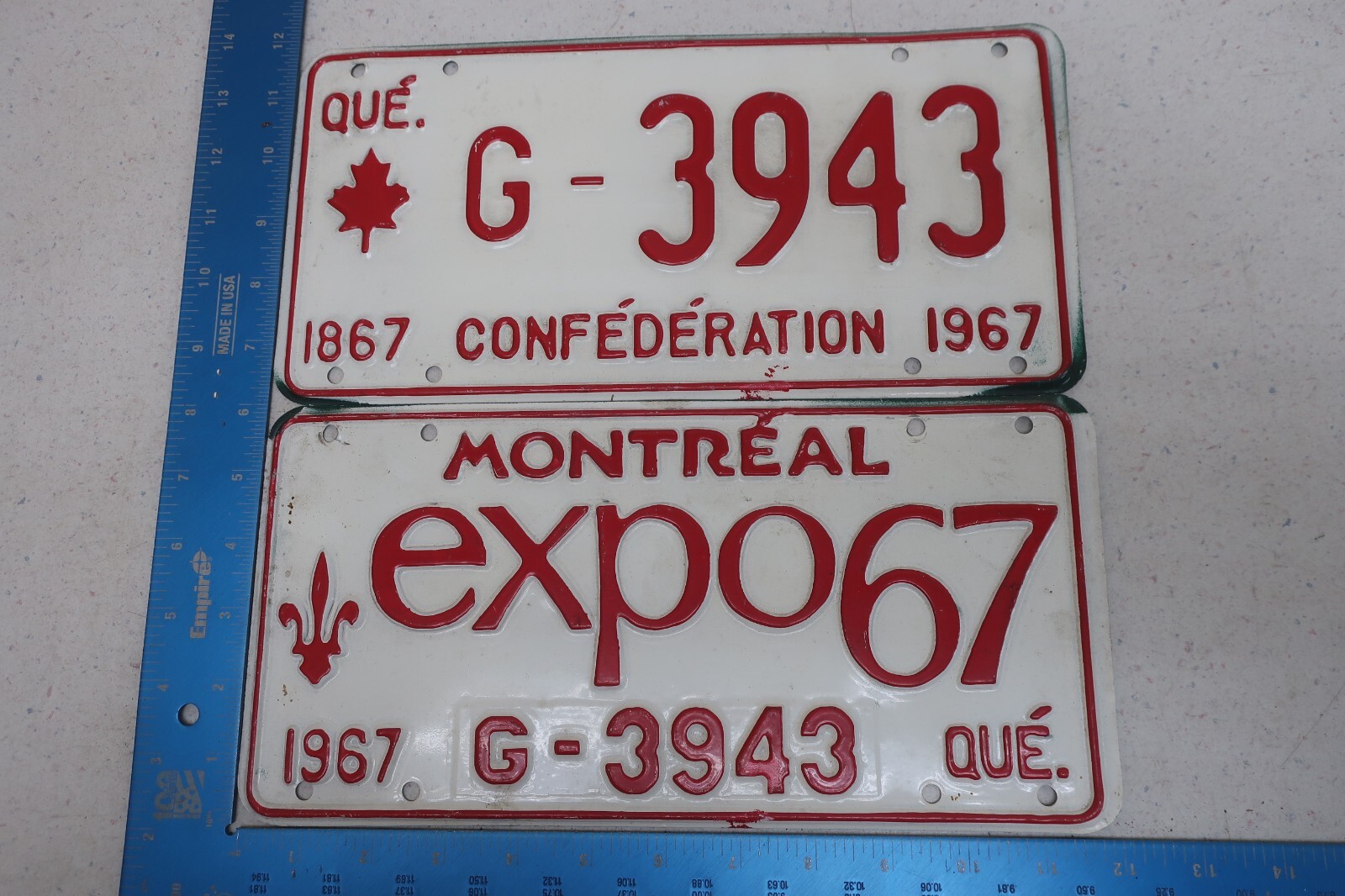 Quebec Canada License Plate Tag PQ 1967 Montreal Pair Government Expo67 G-3943