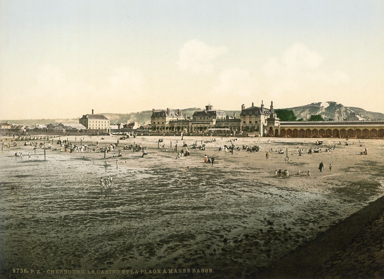 Cherbourg. The casino and the beach at low tide. Vintage photochromic photoc PZ Cherbourg. The casino and the beach at low tide. Vintage photochromic photoc PZ