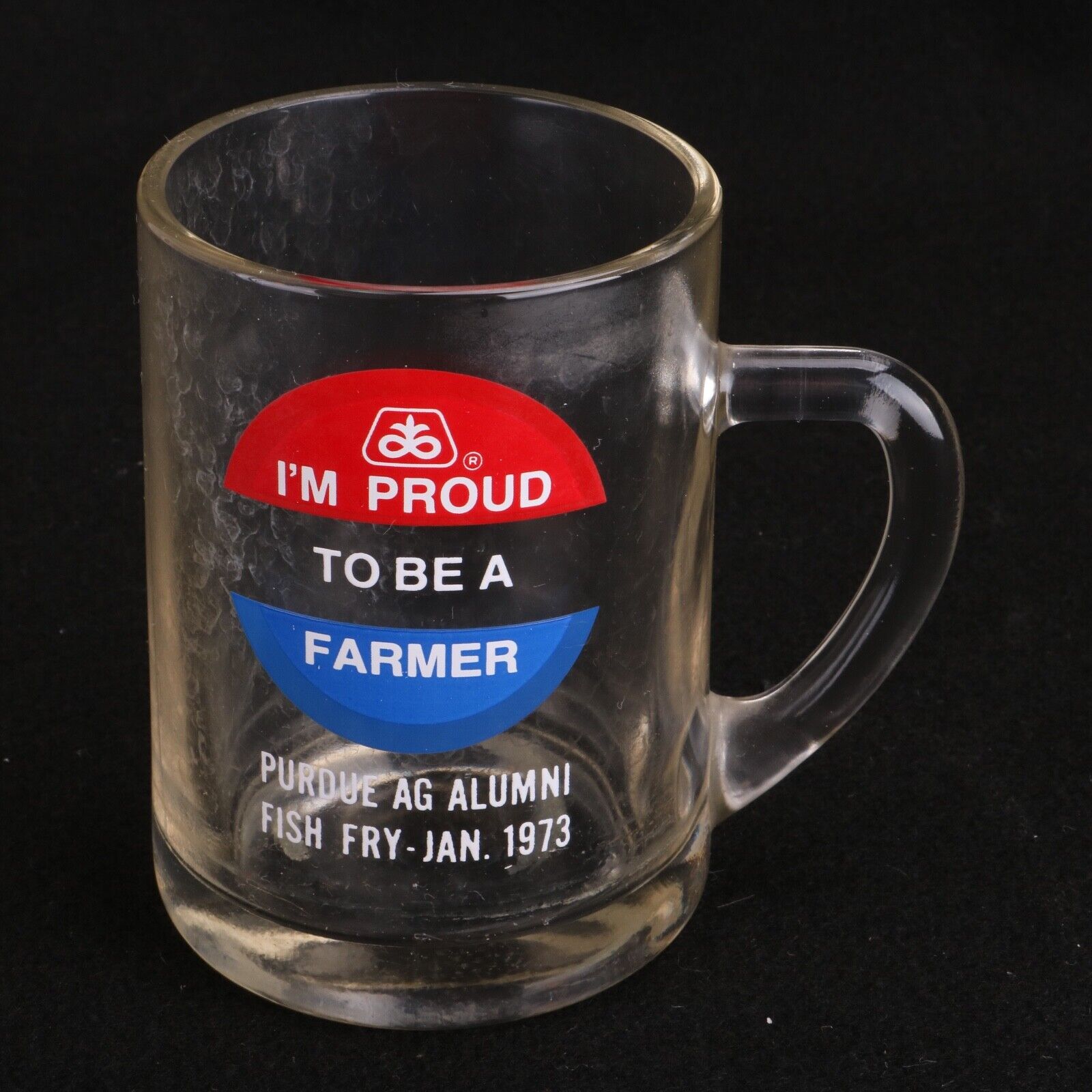 Vintage Purdue AG Alumni 1973 Fish Fry I'm Proud To Be A Farmer Glass Mug