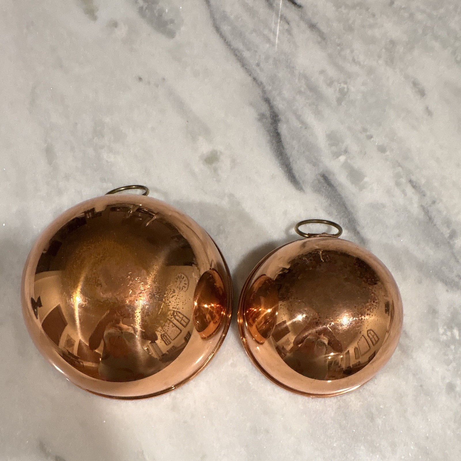 Vintage Polished Solid Copper Hanging Bowl Set w/ Brass Rings , Rustic Wear