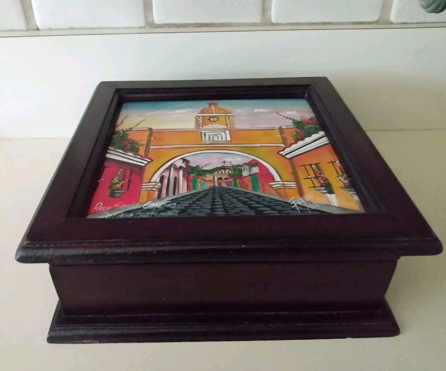 Signed Arco De Catalina Wood & CeramicTile Mahogany Folk Art Jewelry Storage Box Signed Arco De Catalina Wood & CeramicTile Mahogany Folk Art Jewelry Storage Box