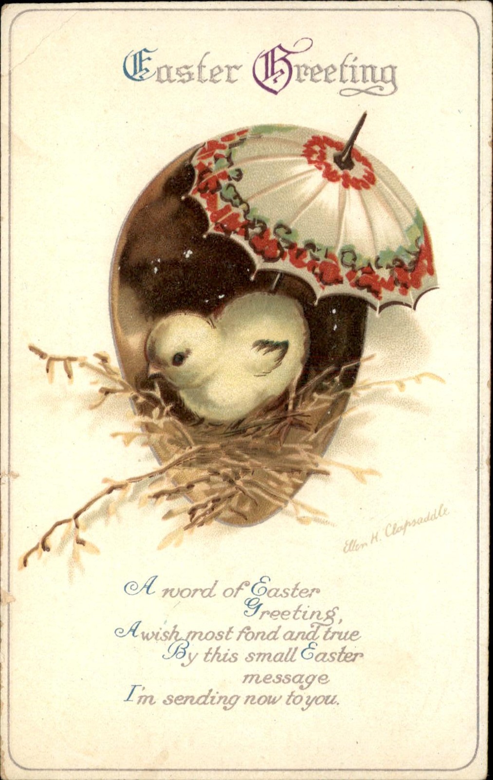 Easter Chick in Umbrella Nest Ellen H. Clapsaddle c1910s-20s Vintage Postcard Easter Chick in Umbrella Nest Ellen H. Clapsaddle c1910s-20s Vintage Postcard