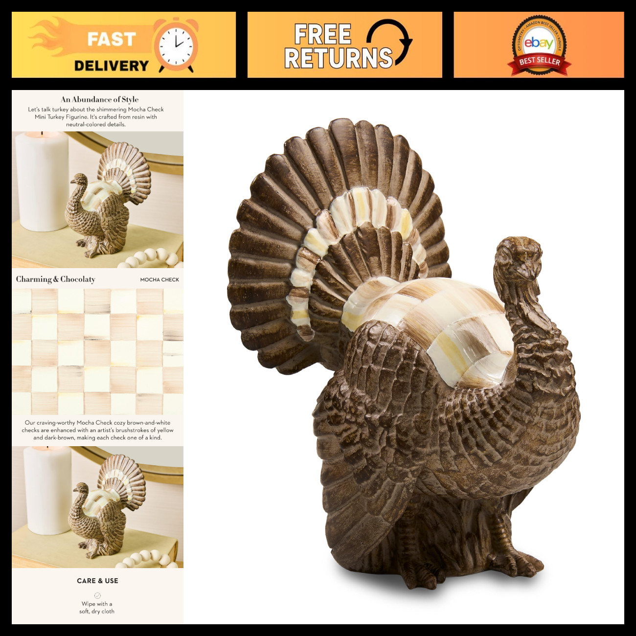 Resin Mini Turkey Figurine - Brown & White Mocha Check - Thanksgiving Decor