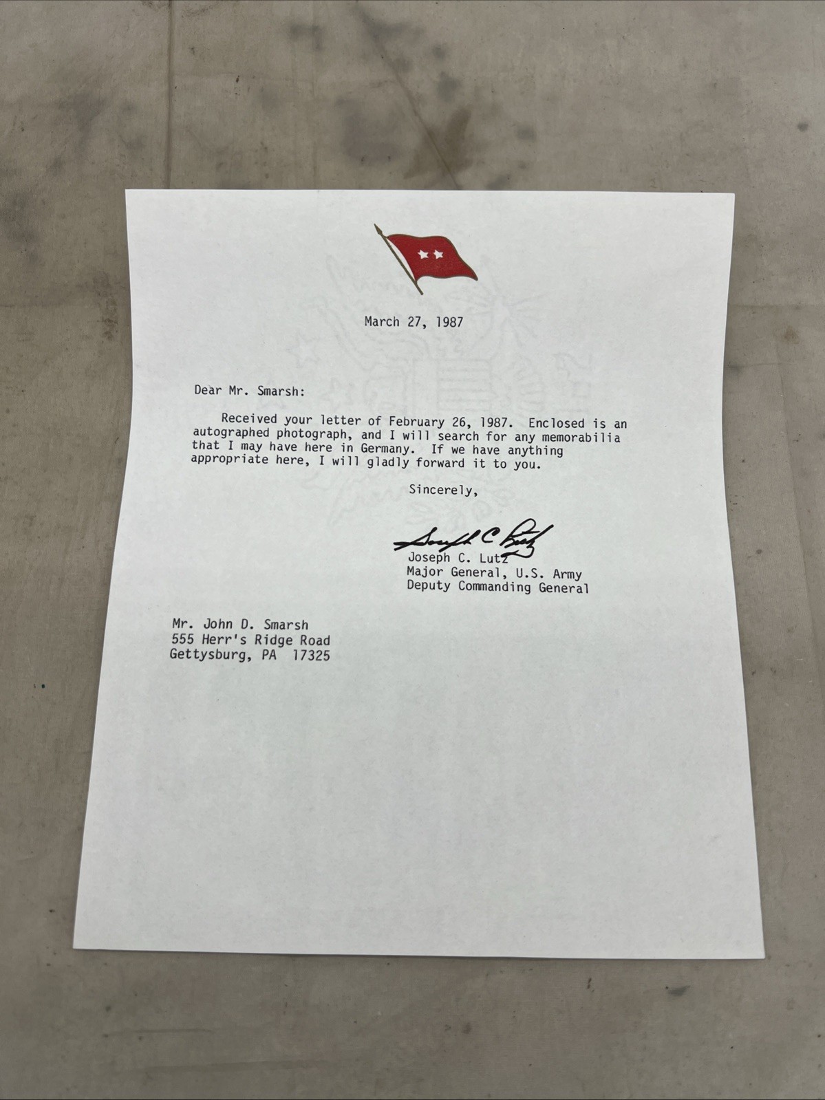 US Army Major General Joseph Lutz Autographed Letter (EE973 US Army Major General Joseph Lutz Autographed Letter (EE973