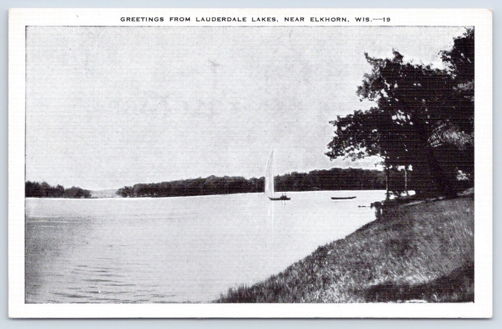 Lauderdale Lakes Wisconsin Sailboat Near Elkhorn Greetings From c1930 Postcard Lauderdale Lakes Wisconsin Sailboat Near Elkhorn Greetings From c1930 Postcard