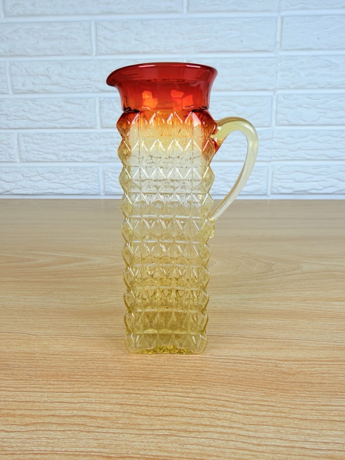 Vintage Kanawha Amberina Glass Pitcher Vase Diamond Point 6” Red Yellow 1960s Vintage Kanawha Amberina Glass Pitcher Vase Diamond Point 6” Red Yellow 1960s