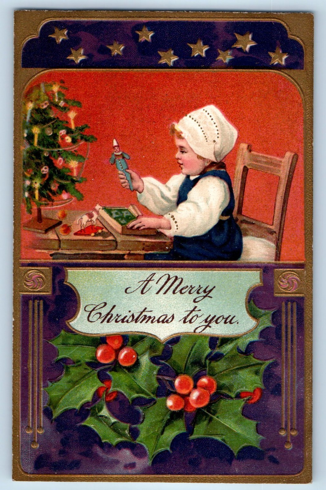 c1910\'s Christmas Child With Toys Holly Berries Embossed PFB Antique Postcard c1910\'s Christmas Child With Toys Holly Berries Embossed PFB Antique Postcard