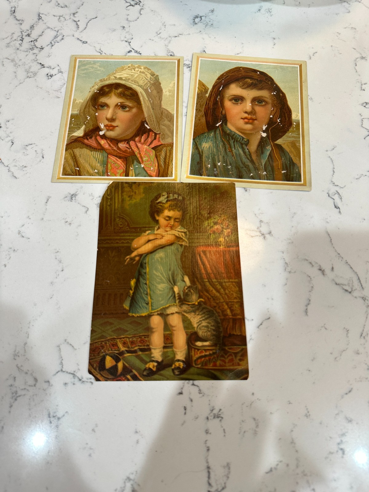 Set Of 3 Antique Card Biblical Boy and Girl, Toddler Girl With Cat