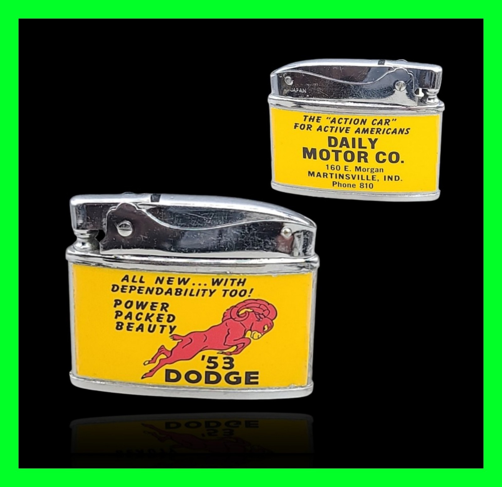 Vintage 1953 Dodge Daily Motor Co Martinsville Indiana Flat Ad Lighter - WORKING