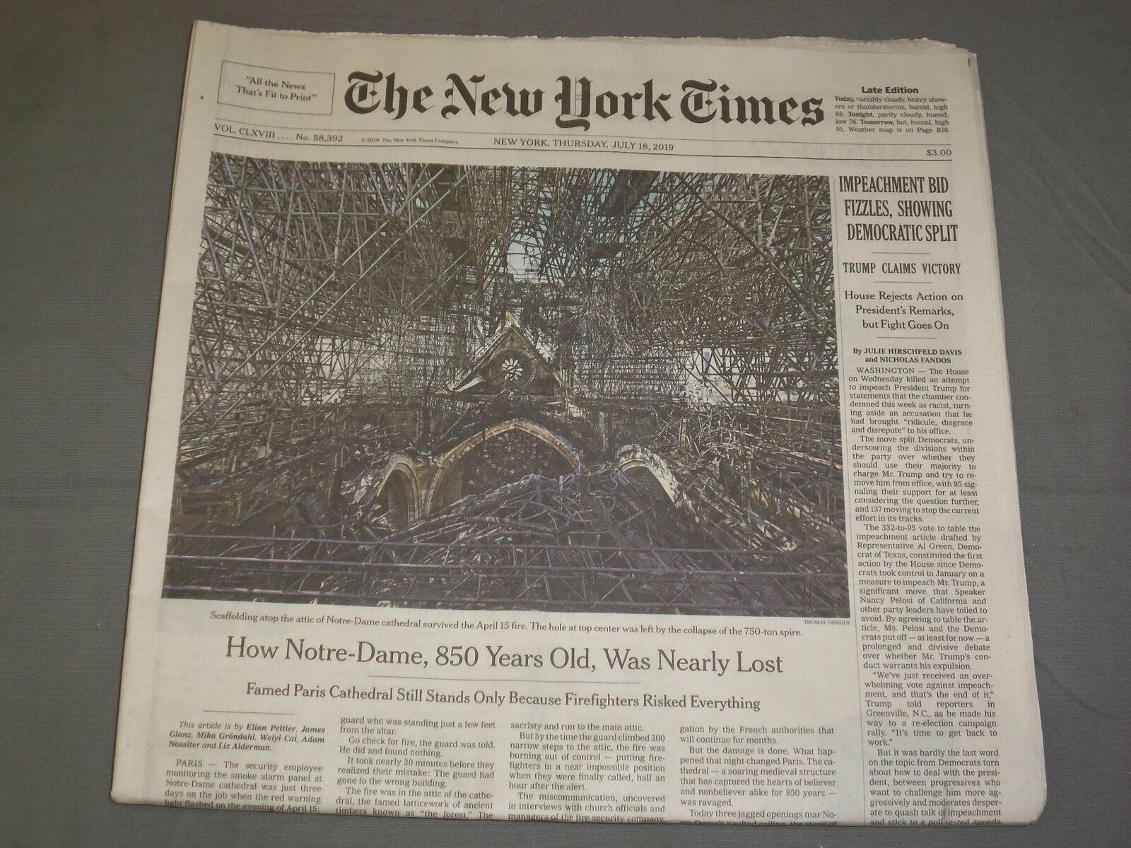 2019 JULY 18 NEW YORK TIMES - HOW NOTRE-DAME, 850 YEARS OLD, WAS NEARLY LOST