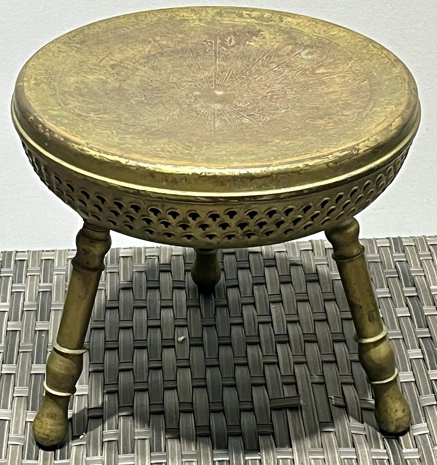 Vintage, c. 1970 Turkish Hammam Engraved & Reticulated Brass Foot Warmer / Stool Vintage, c. 1970 Turkish Hammam Engraved & Reticulated Brass Foot Warmer / Stool