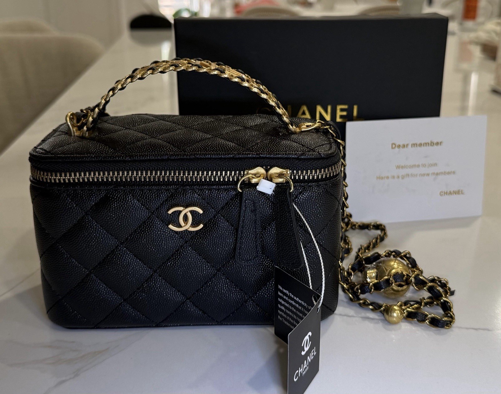 CHANEL VIP GWP Black Quilted Vanity Cosmetic Case with Gold Chain CHANEL VIP GWP Black Quilted Vanity Cosmetic Case with Gold Chain