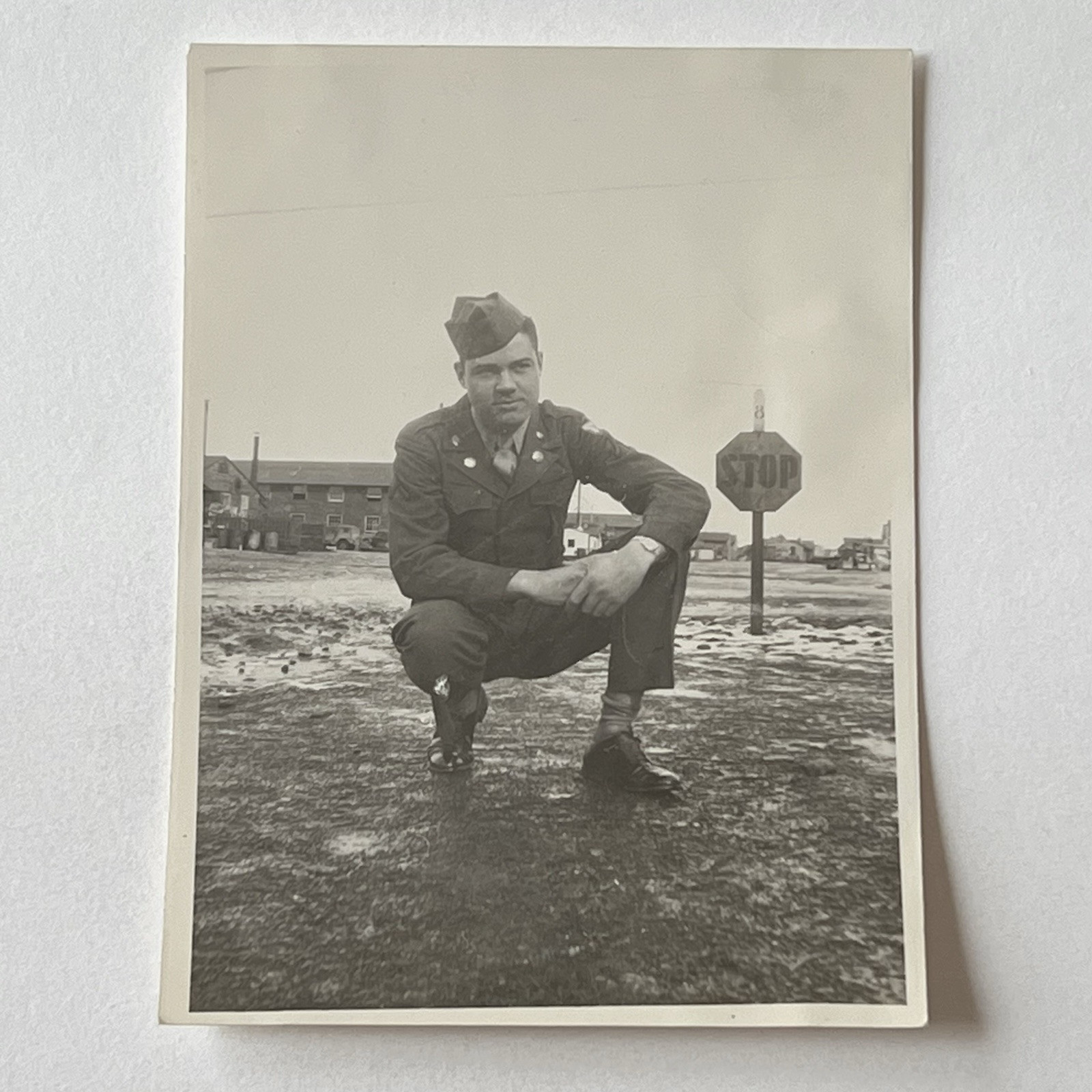 Vintage B&W Snapshot Photograph Handsome Young Army Military Man Stop Sign Vintage B&W Snapshot Photograph Handsome Young Army Military Man Stop Sign