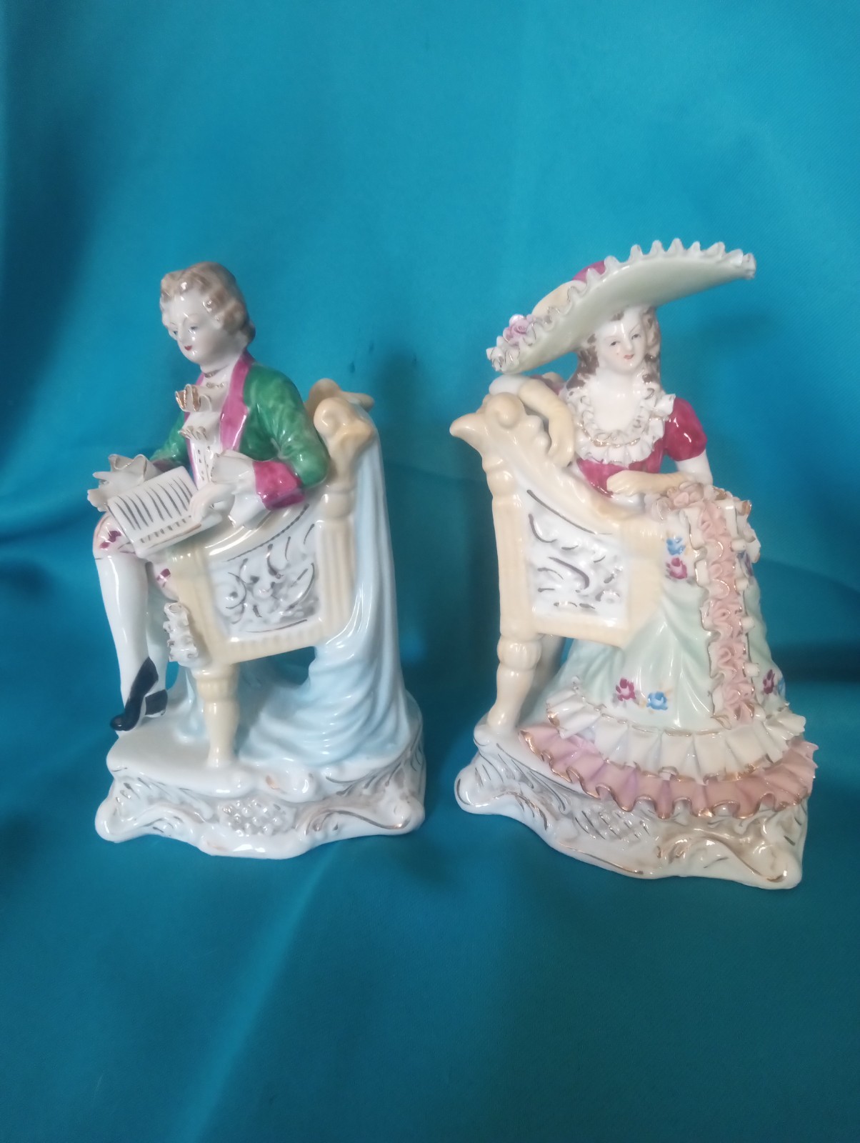 A Pair Vintage Antique German Porcelain Figurines of a Young Couple with Chairs