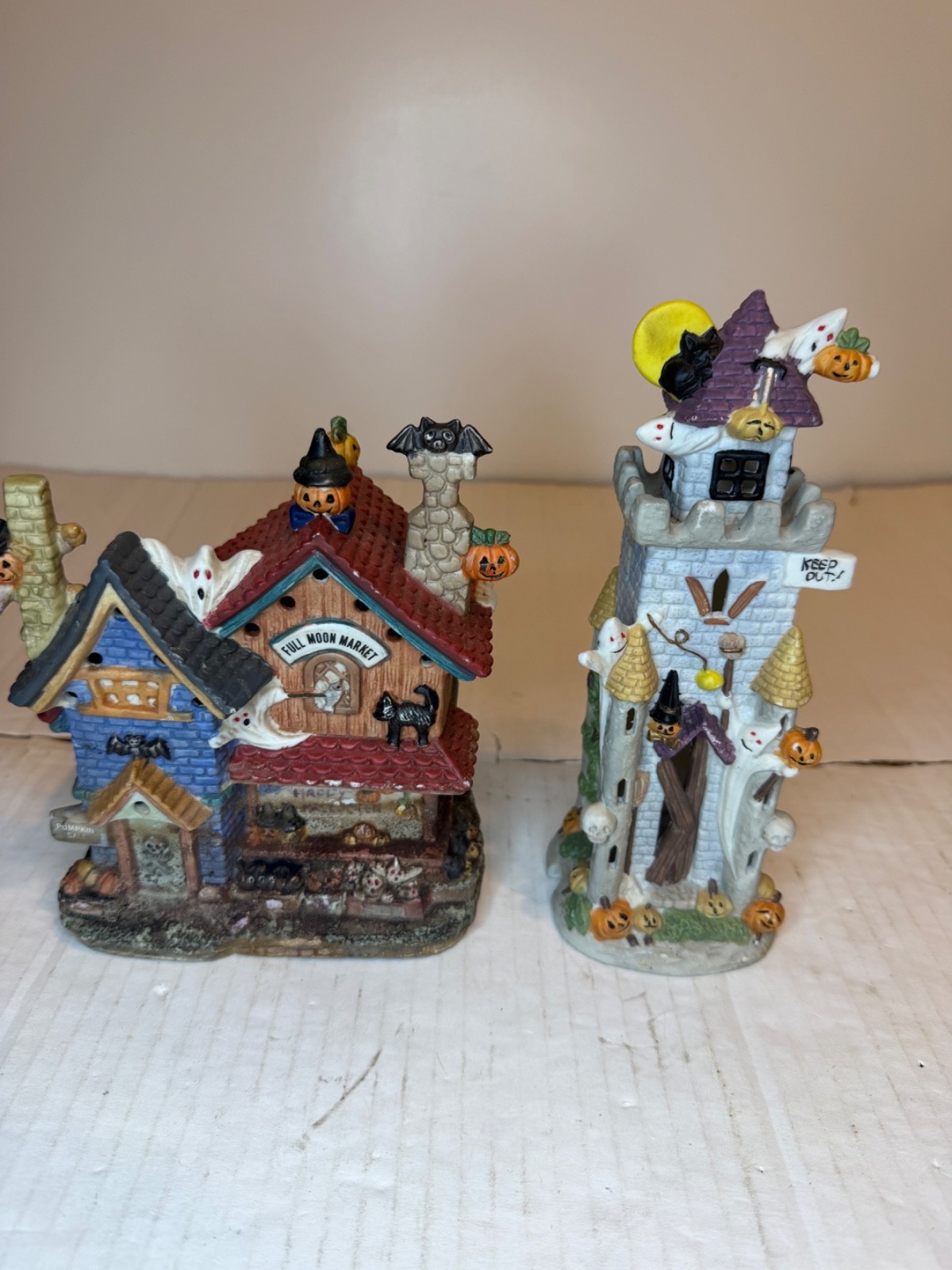 Vintage Halloween Village Full Moon Market Haunted House & Keep Tower Porcelain Vintage Halloween Village Full Moon Market Haunted House & Keep Tower Porcelain