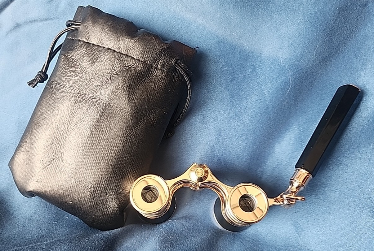 Black Opera Glasses with Gold Trim & Elegant Lorgnette Foldable Handle & Bag Black Opera Glasses with Gold Trim & Elegant Lorgnette Foldable Handle & Bag
