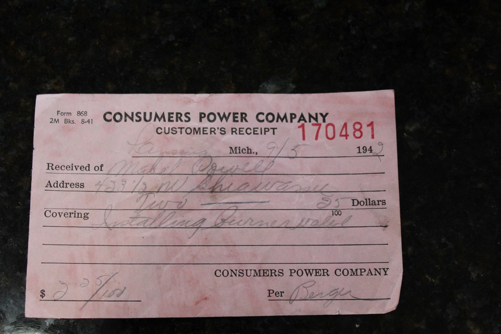 Vintage 1942 Consumers Power Company Payment Receipt #170481 Vintage 1942 Consumers Power Company Payment Receipt #170481