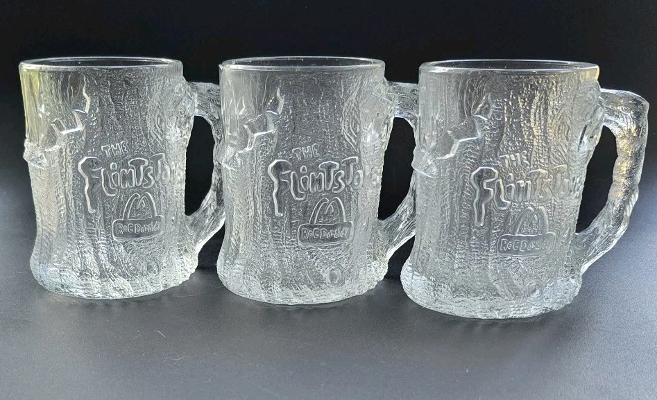 \'93 Vintage McDonalds Flintstones RocDonalds Glass Mugs Lot of 3 New Never Used \'93 Vintage McDonalds Flintstones RocDonalds Glass Mugs Lot of 3 New Never Used