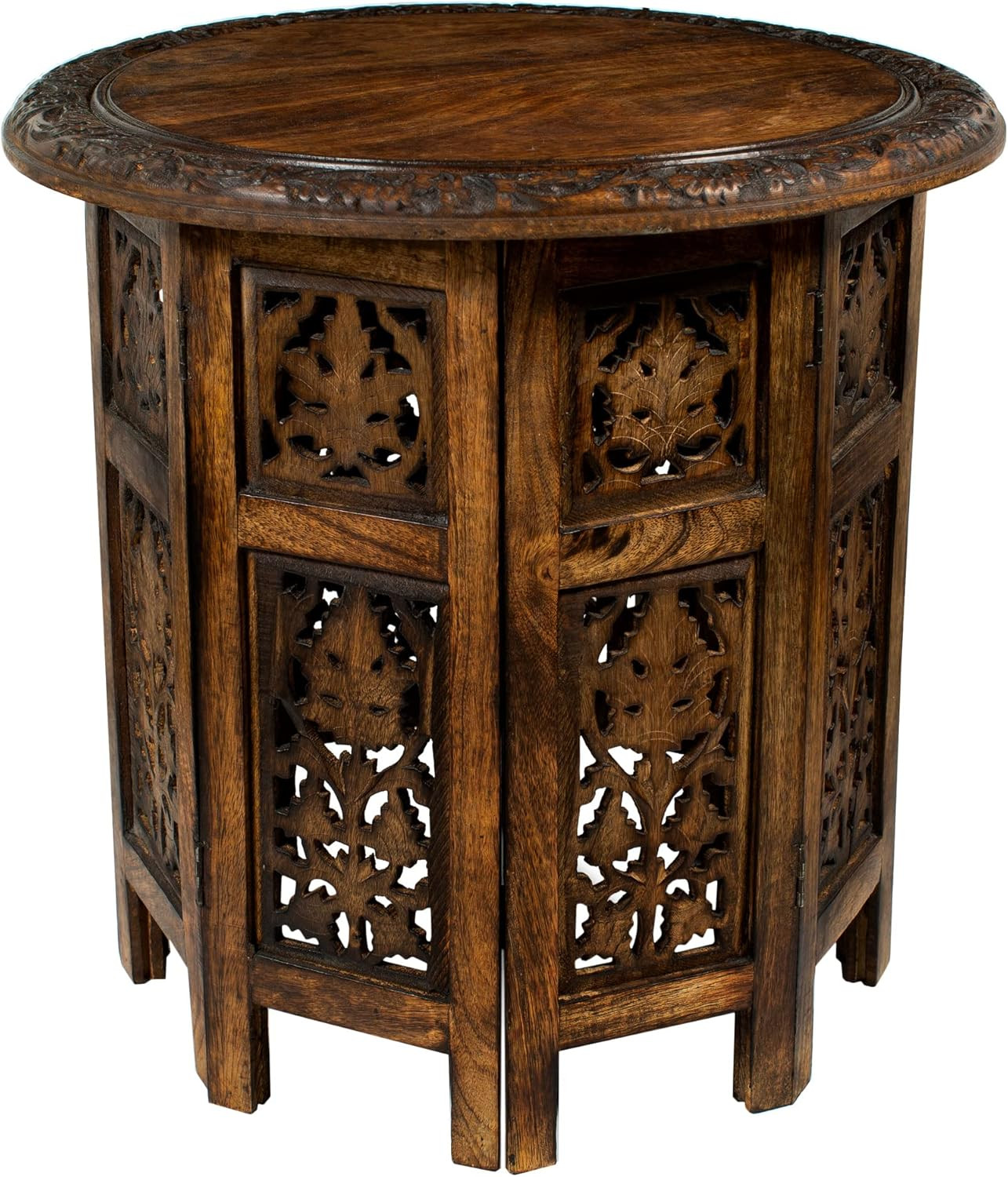 Solid Wood End Table - Hand Carved Folding Accent Side Table
