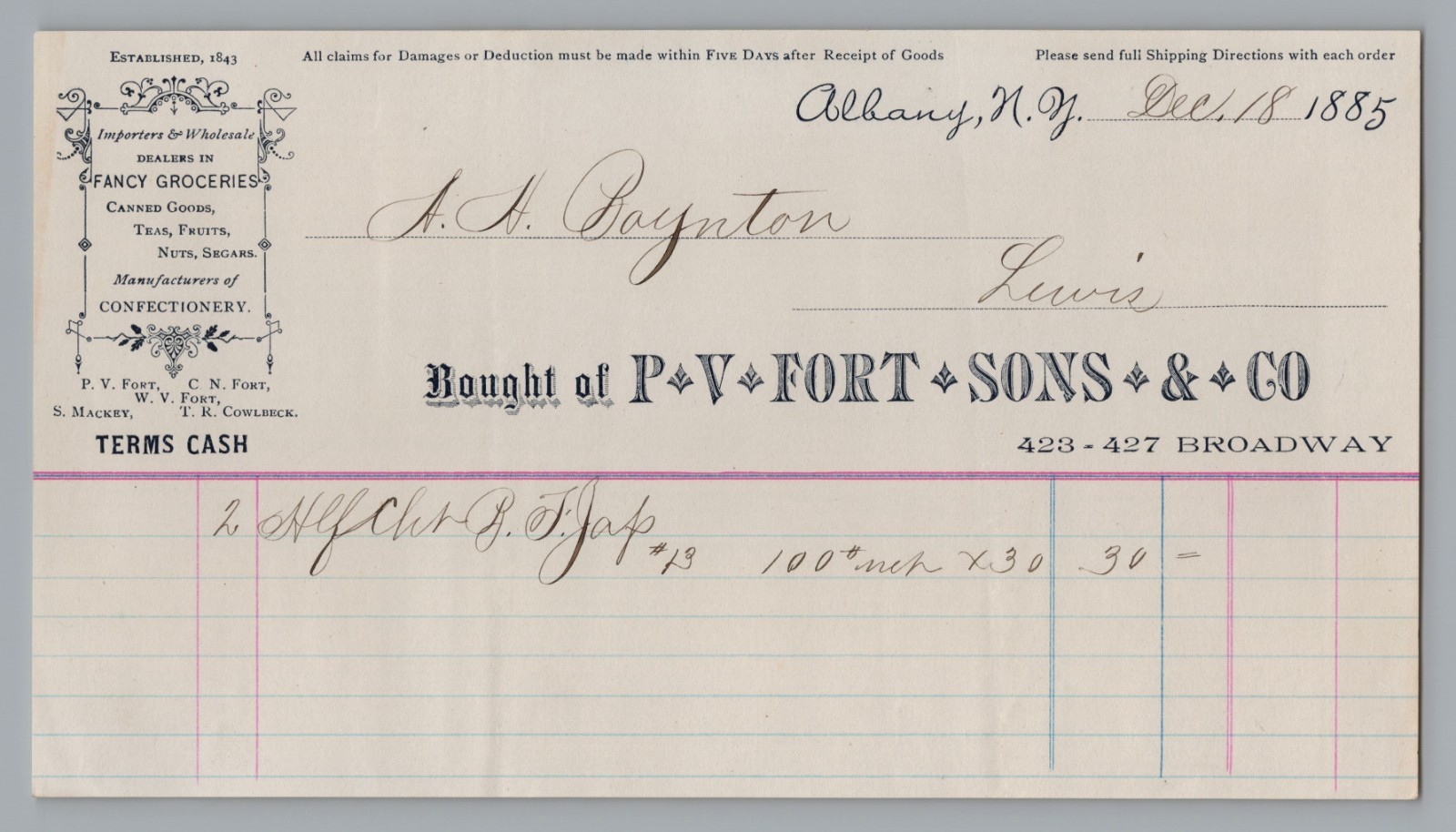 1885 Albany NY Billhead Receipt PV Fort Sons Co Fancy Groceries Confectionery