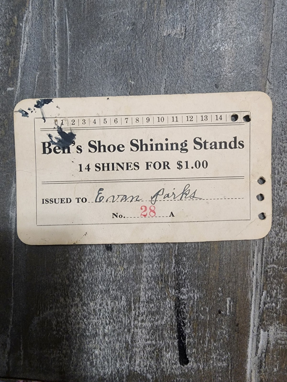 Vintage BEN'S SHOE SHINING STANDS Punch Ticket Ephemera 14 Shines For 1 Dollar