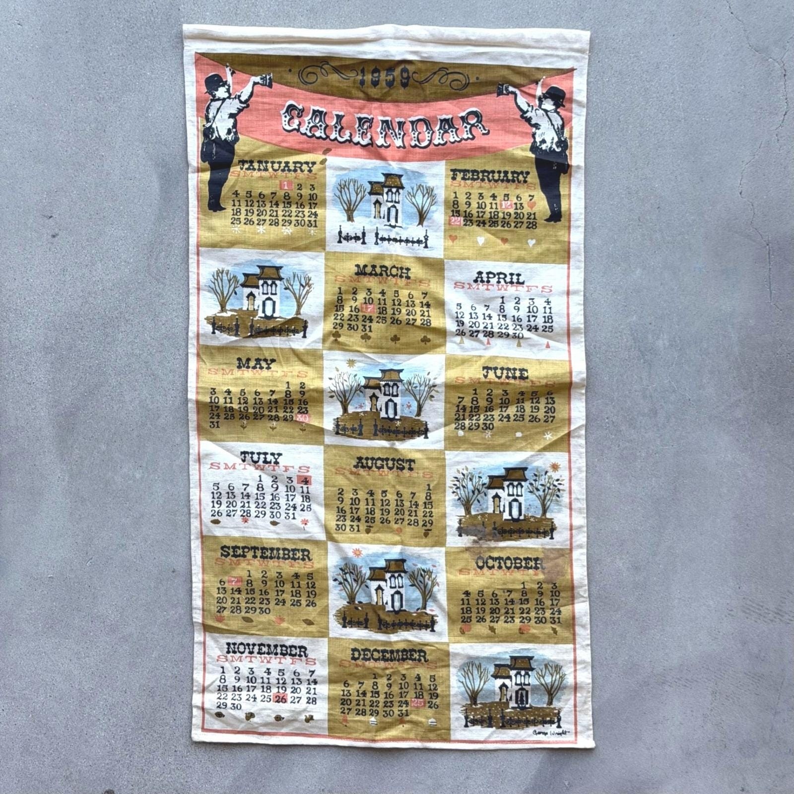Vintage 1959 Calendar Tea Towel Western Farmhouse Cottagecore George Wright