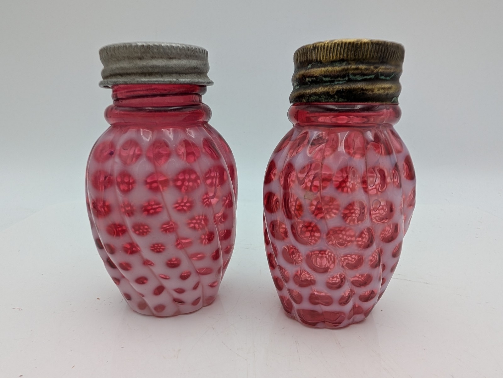 Vintage Cranberry Opalescent Coin Dot Swirl Salt Pepper Shakers Art Glass Pair Vintage Cranberry Opalescent Coin Dot Swirl Salt Pepper Shakers Art Glass Pair