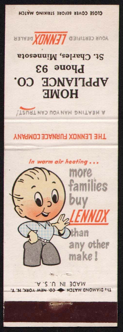 Vintage matchbook cover LENNOX Home Appliance Co Lennox boy St Charles Minnesota Vintage matchbook cover LENNOX Home Appliance Co Lennox boy St Charles Minnesota