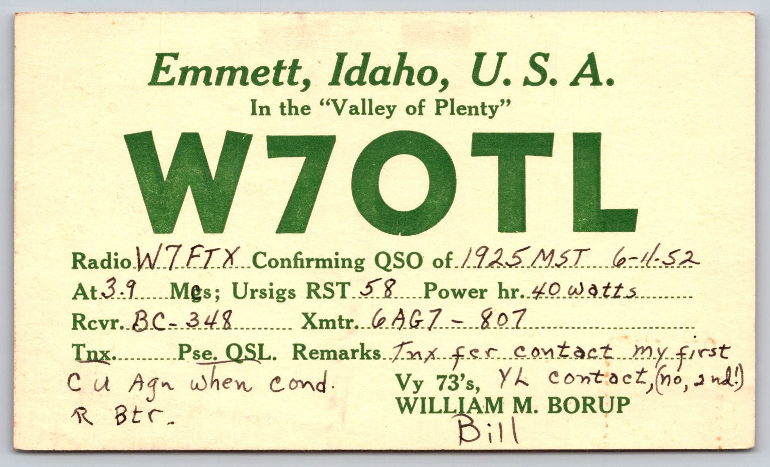 1952 QSL Postcard W7OTL Emmett Idaho Ham Radio W7FTX Montana 1953 D447