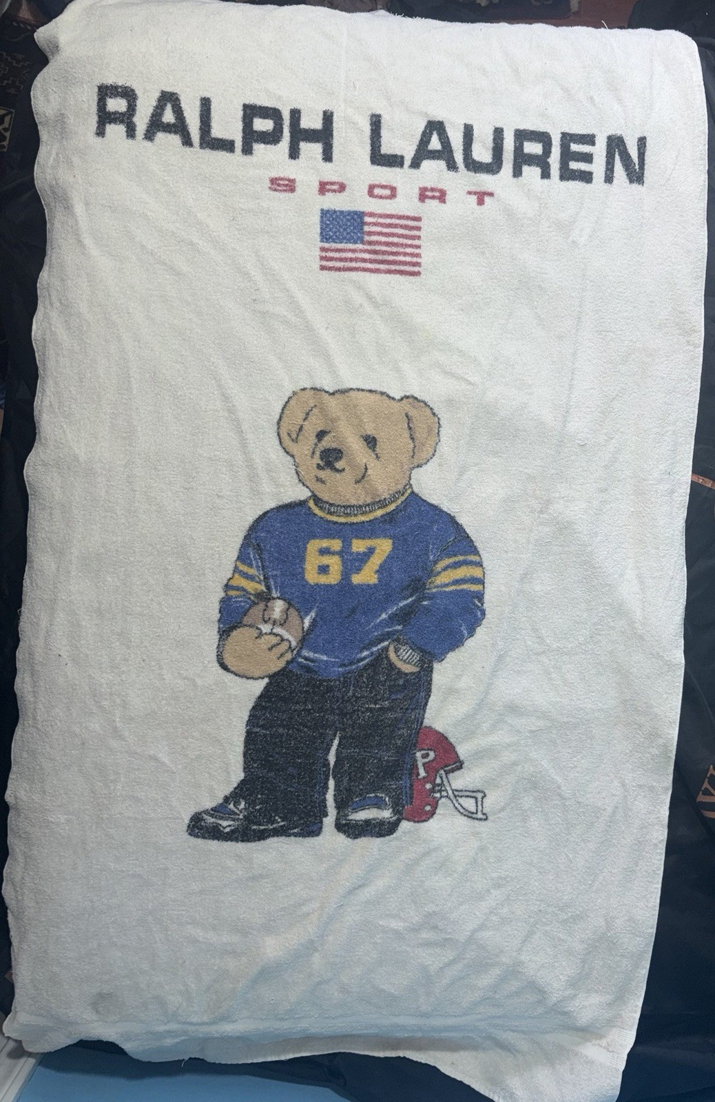 Vintage 90s Ralph Lauren Polo Sport Bear Football Beach Towel USA 70x35