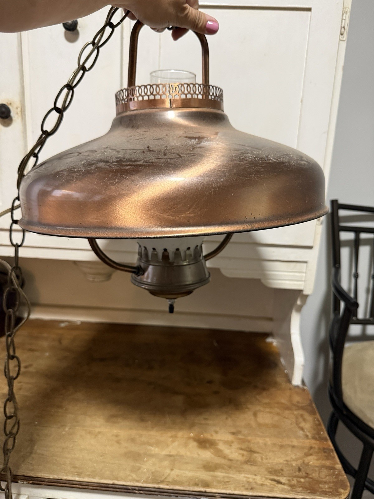 Vintage Copper Swag Lamp with Hurricane Glass Shade hanging plug Vintage Copper Swag Lamp with Hurricane Glass Shade hanging plug