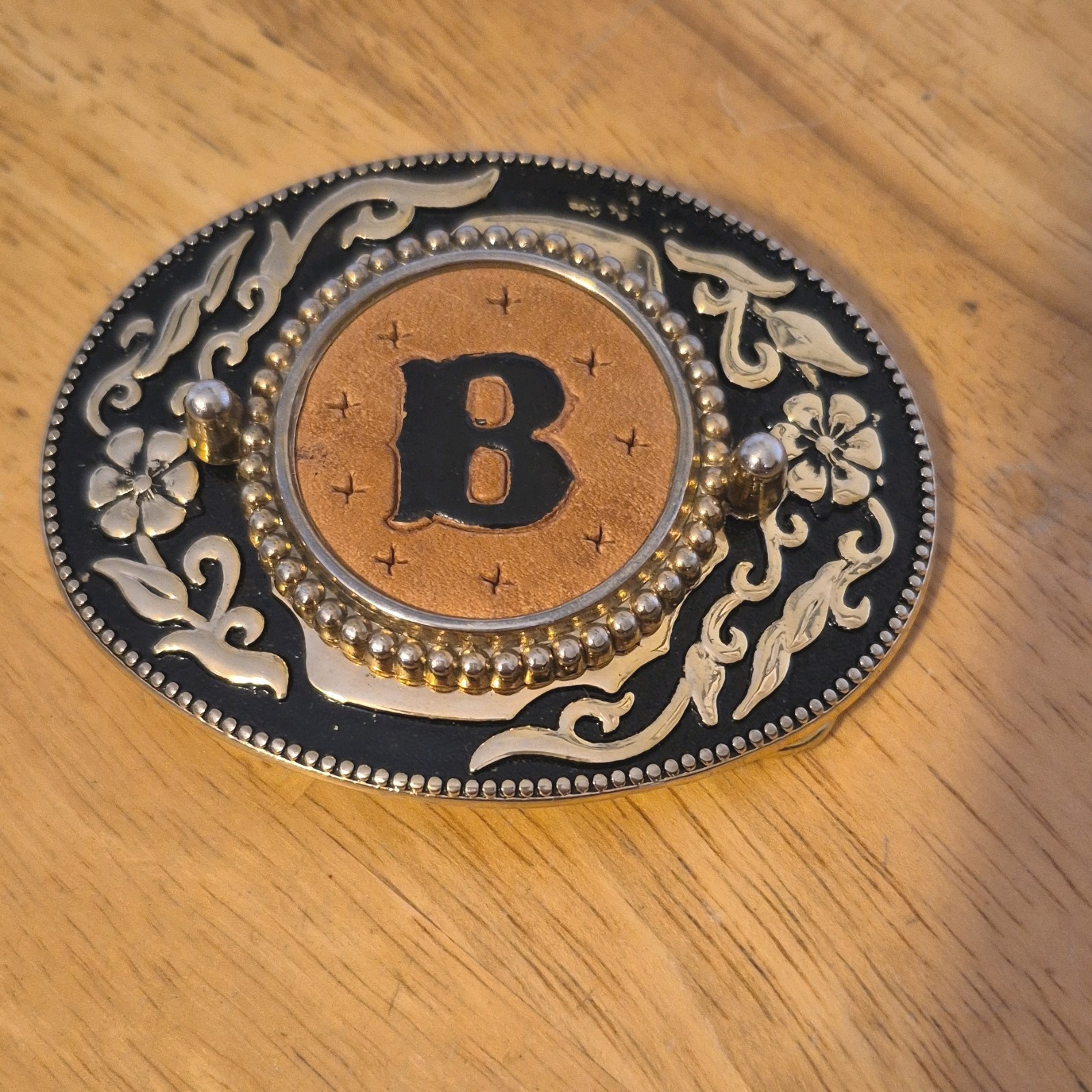 Western Americana Belt Buckle Black Gold Floral Scroll Design With B Initial Western Americana Belt Buckle Black Gold Floral Scroll Design With B Initial