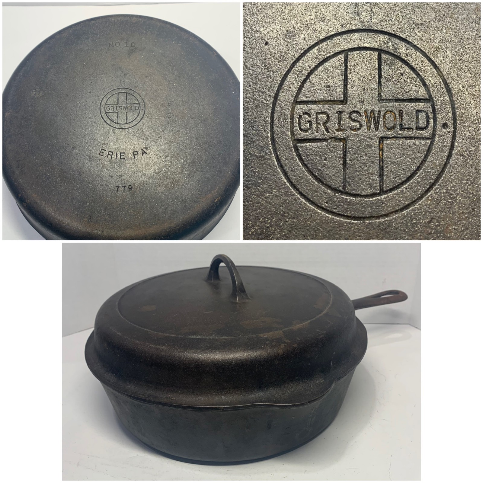 RARE Vintage Griswold #10 Deep Skillet 779 W/ Lid 1100 Set Double Spout RARE Vintage Griswold #10 Deep Skillet 779 W/ Lid 1100 Set Double Spout