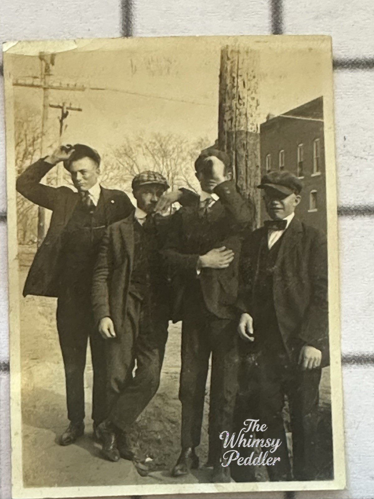 Vintage 1910s Photo Four Men Roughhousing Suits Flat Caps Street Snapshot Vintage 1910s Photo Four Men Roughhousing Suits Flat Caps Street Snapshot