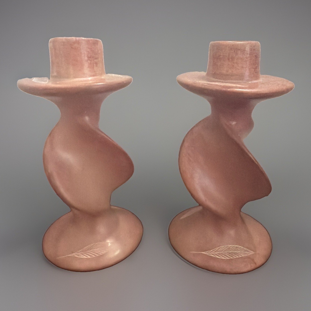 Vintage Pair of Pink/Rust Soapstone Candle Holders Carved Spiral Feather Design Vintage Pair of Pink/Rust Soapstone Candle Holders Carved Spiral Feather Design