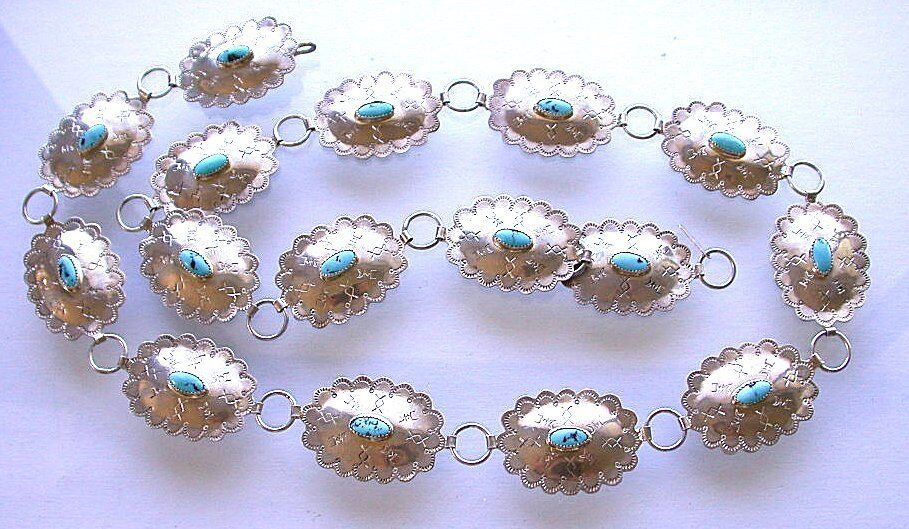 Navajo Signed CAL Sterling Silver Round Turquoise Cabochon Handmade Concho Belt 