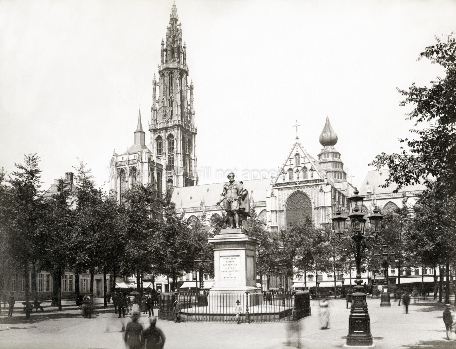 Antwerp Place Verte Rubens Statue Cathedral Architecture Spire Vtg. Photo 19thC.