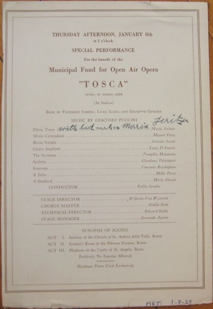 MARIA JERITZA 1925 Autograph MET Metropolitan Opera Program - Tosca