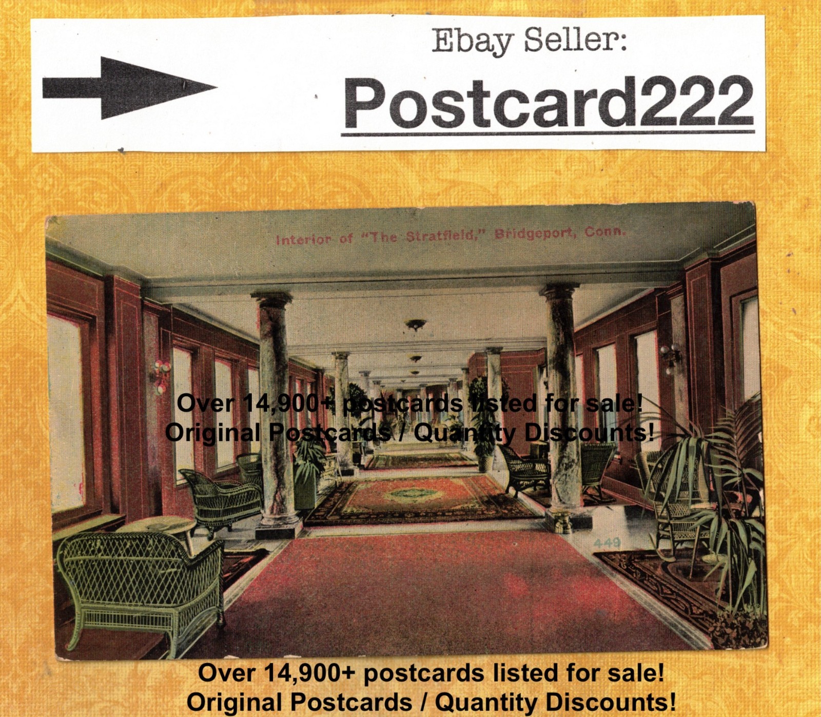 CT Bridgeport 1912 antique postcard Interior The Stratfield Connecticut