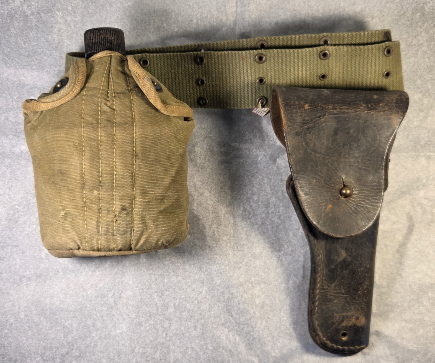 WWII Military M1911 Leather Holster Web Belt 1942 Canteen Cup Rig Complete WWII Military M1911 Leather Holster Web Belt 1942 Canteen Cup Rig Complete