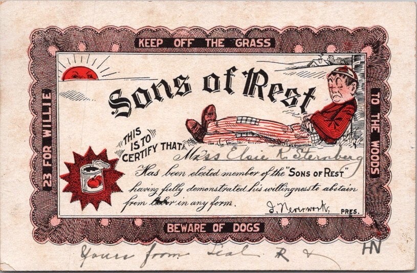 Vintage 1907 Comic Greetings Postcard SONS OF REST Certificate *Writing on Front