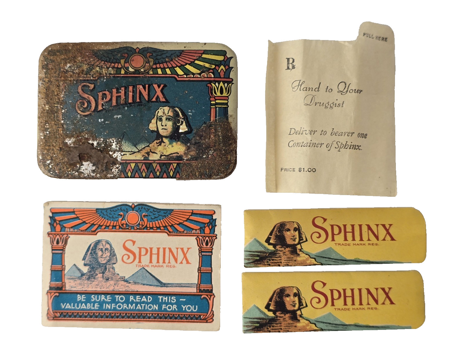 Antique 1930's Julius Schmid Sphinx Condom Tin w/ Paper Inserts & Wrappers