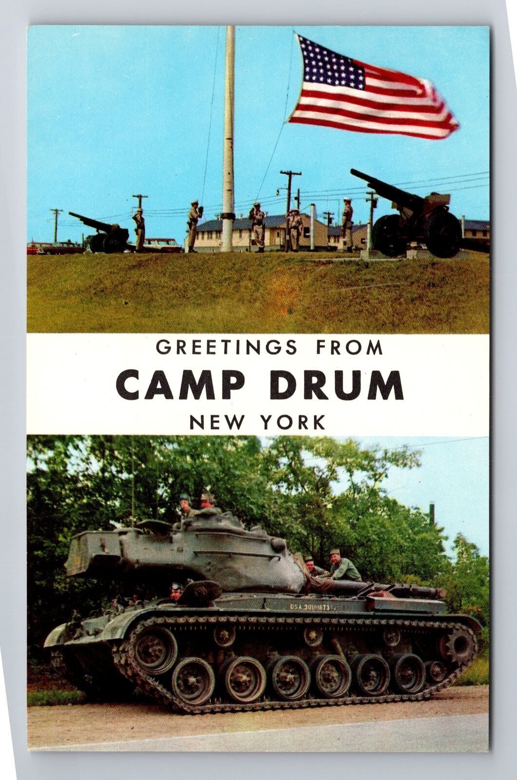 Camp Drum NY-New York, Banner Greetings, Tank, Antique, Vintage Postcard